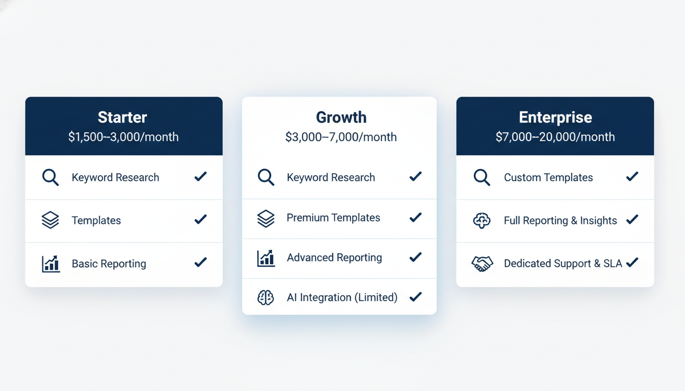 Pricing tier comparison for AI SEO Agency services: Starter, Growth, and Enterprise packages with deliverables
