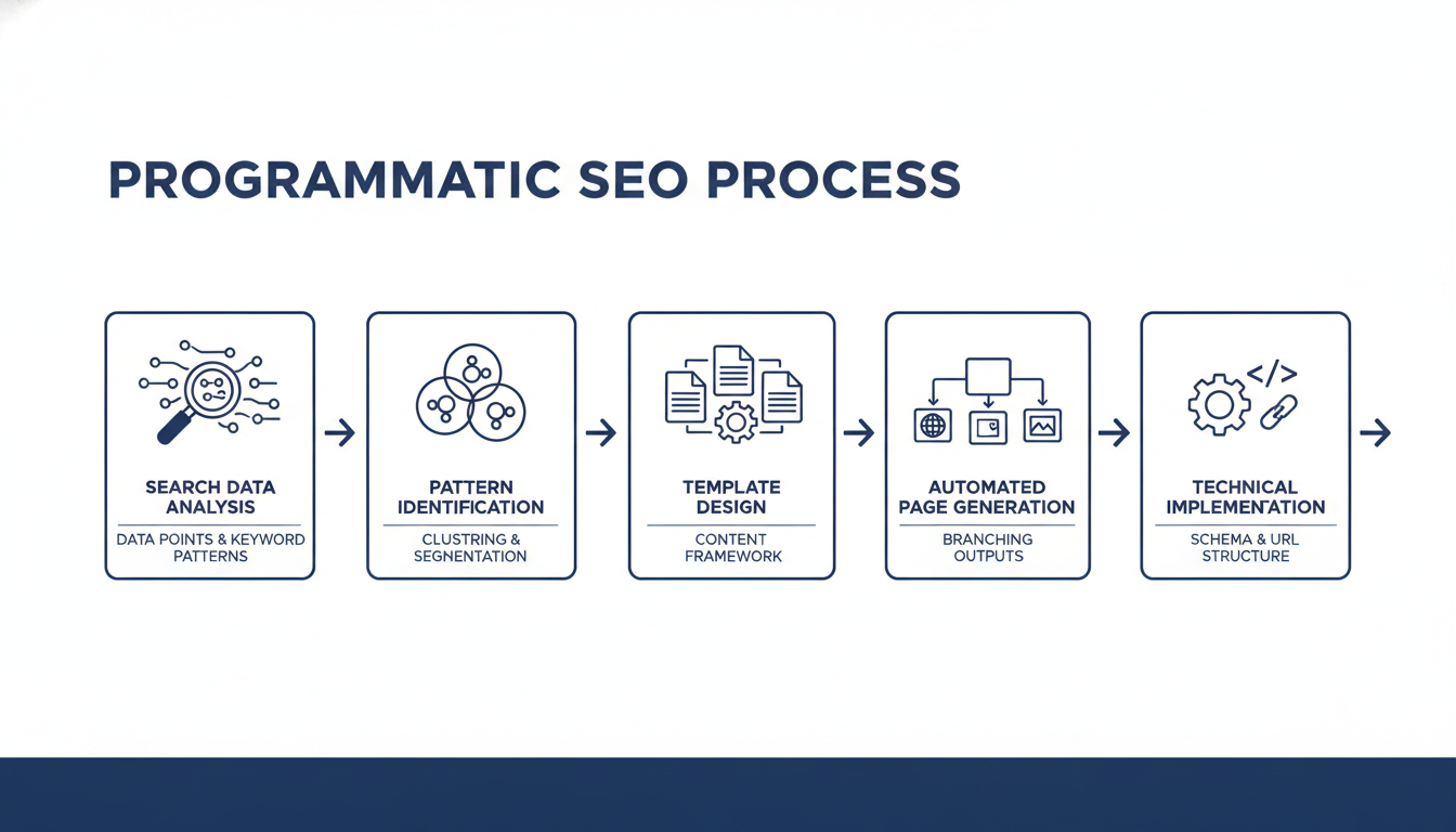 Programmatic SEO process flow showing data analysis, pattern identification, template design, and automated page generation