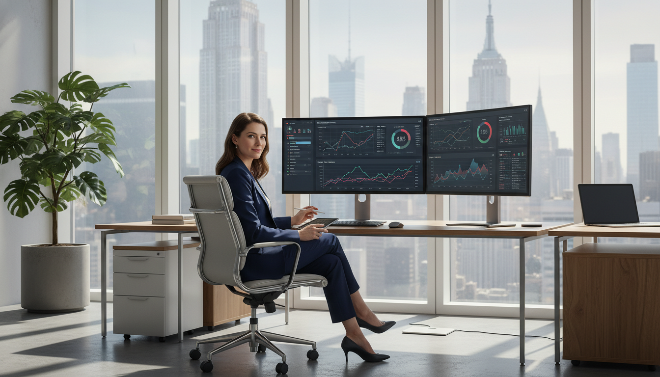 Marketing professional analyzing SEO data at modern New York office with city skyline views and analytics dashboards