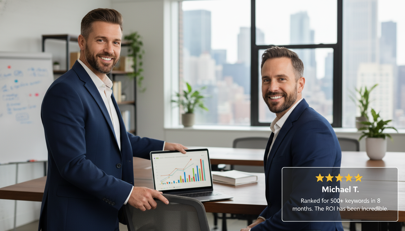 Business owner with 5-star testimonial review for programmatic SEO results achieved in New York agency partnership