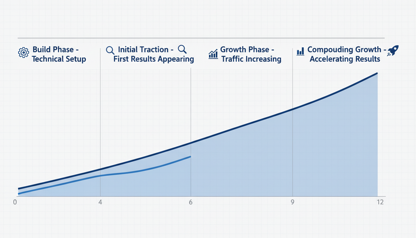 Programmatic SEO timeline: build phase through 12-month growth progression showing compounding results trajectory