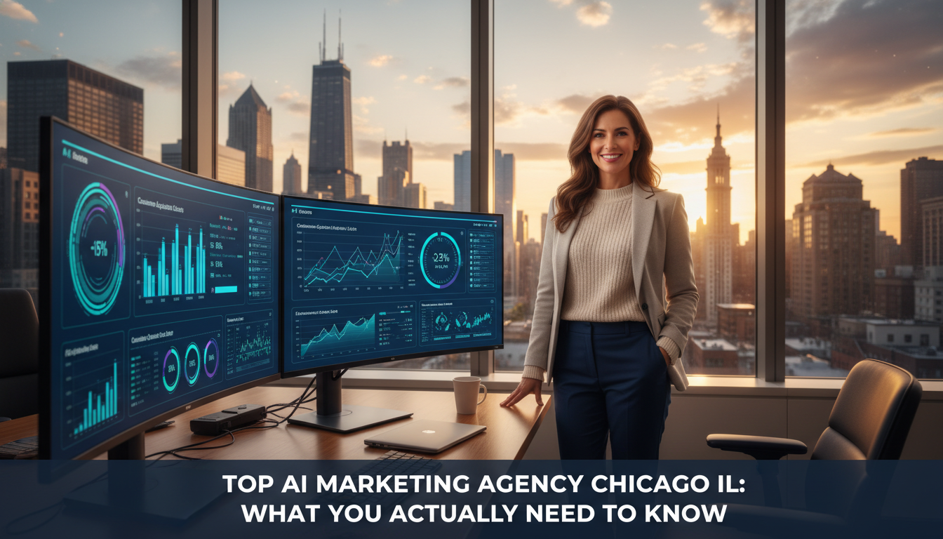 Marketing strategist presenting AI analytics in modern Chicago Loop office overlooking city skyline