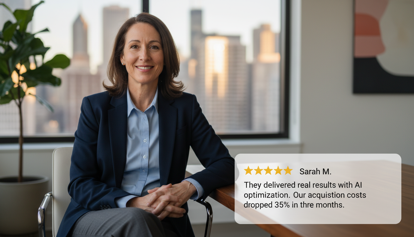 Client testimonial with 5-star review: Sarah M. on AI marketing results and cost reduction