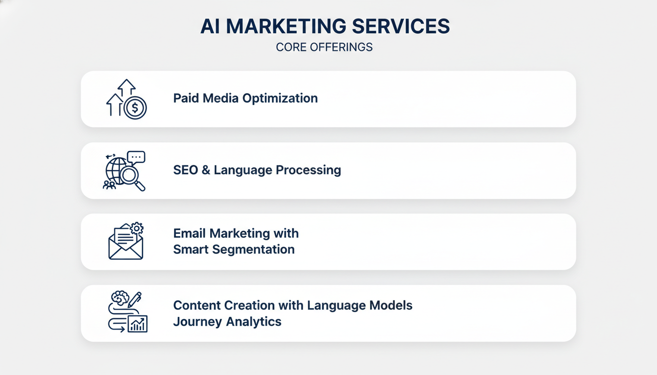 Core AI marketing services infographic: paid media, SEO, email, content creation, analytics