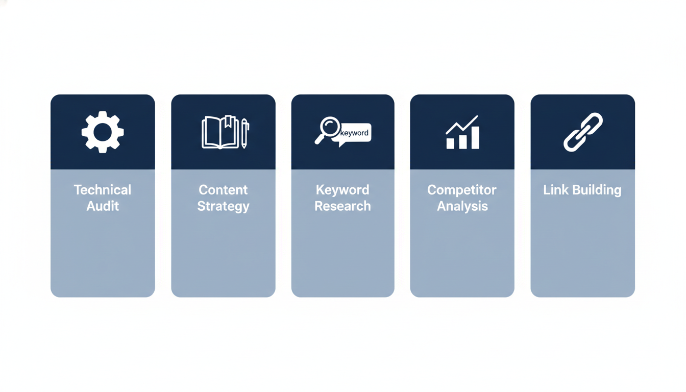 Five core AI SEO service pillars: Technical Audit, Content Strategy, Keyword Research, Competitor Analysis, Link Building