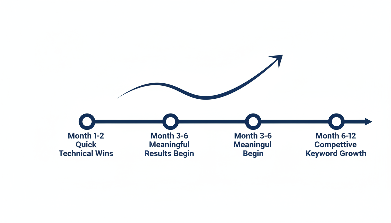 SEO timeline infographic showing results progression from quick technical wins to competitive keyword growth