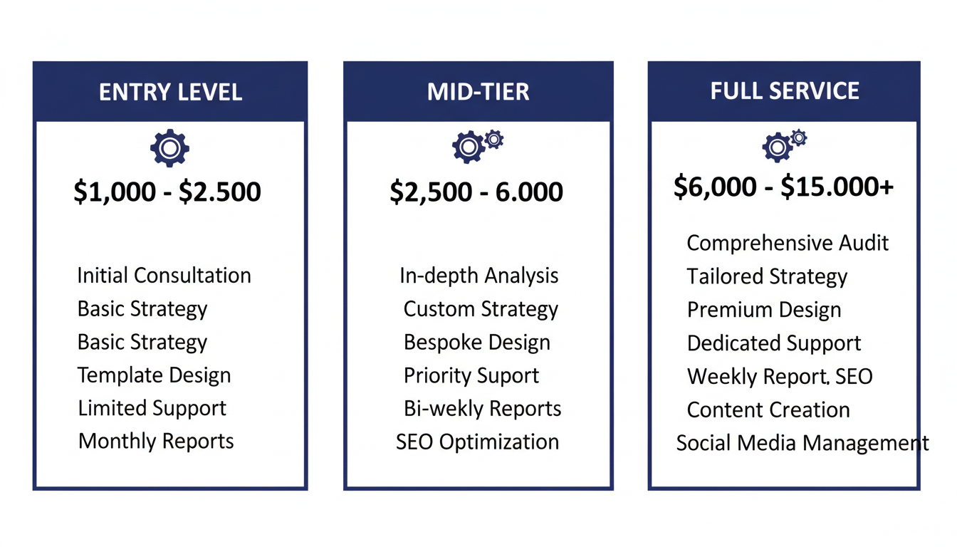AI SEO pricing comparison chart showing Entry Level, Mid-Tier, and Full Service tiers with monthly costs
