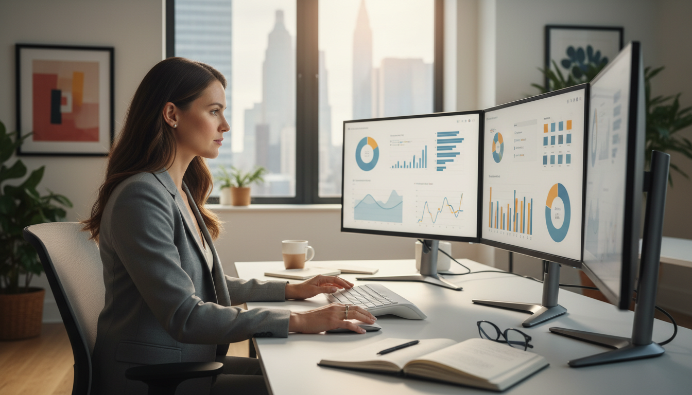 AI SEO strategist analyzing search analytics on multiple monitors in modern Manhattan office with NYC skyline