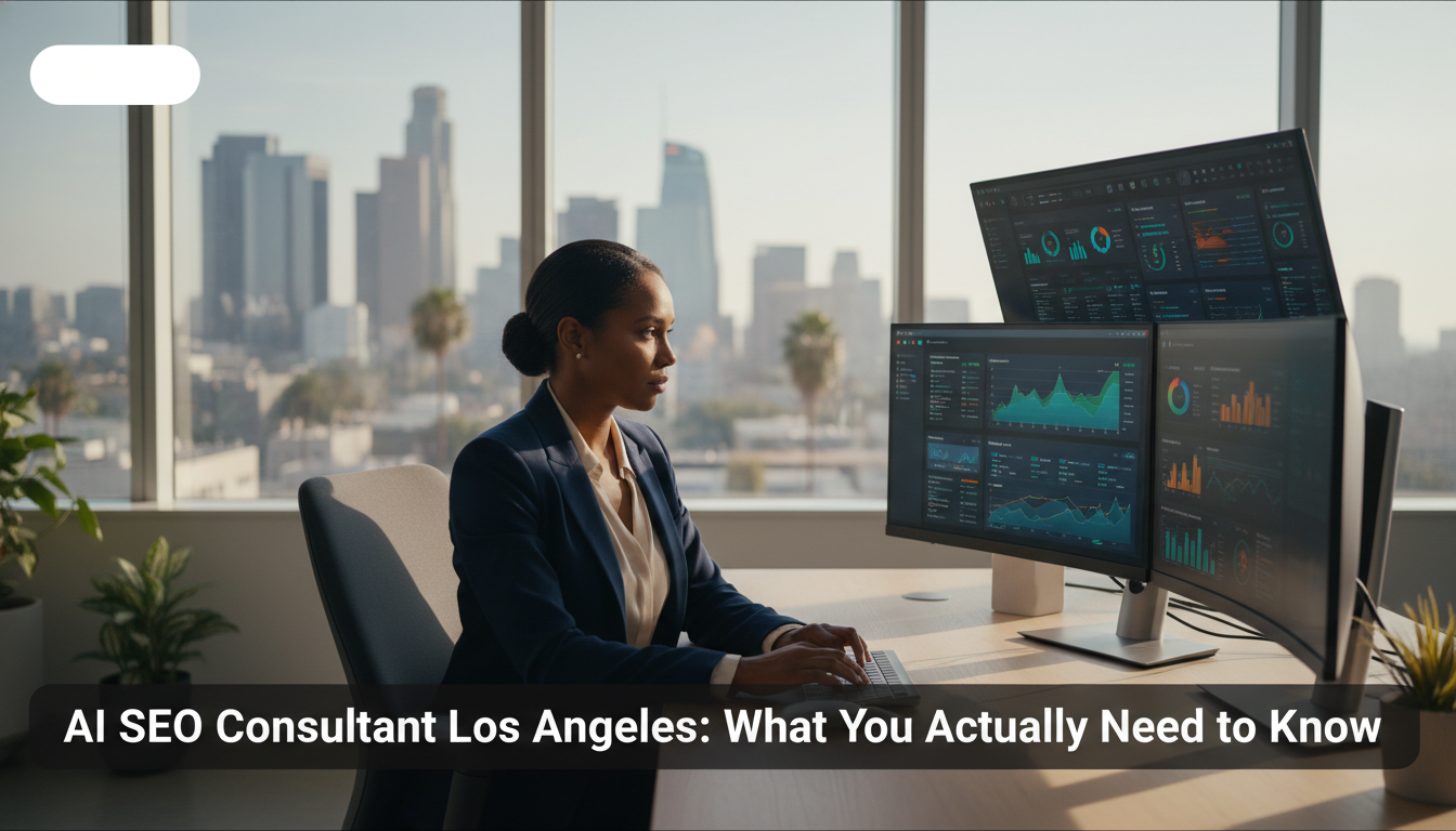 AI SEO consultant analyzing analytics dashboards in modern Los Angeles office with skyline view