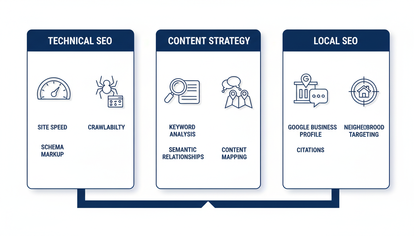 Three-column infographic showing Technical SEO, Content Strategy, and Local SEO components