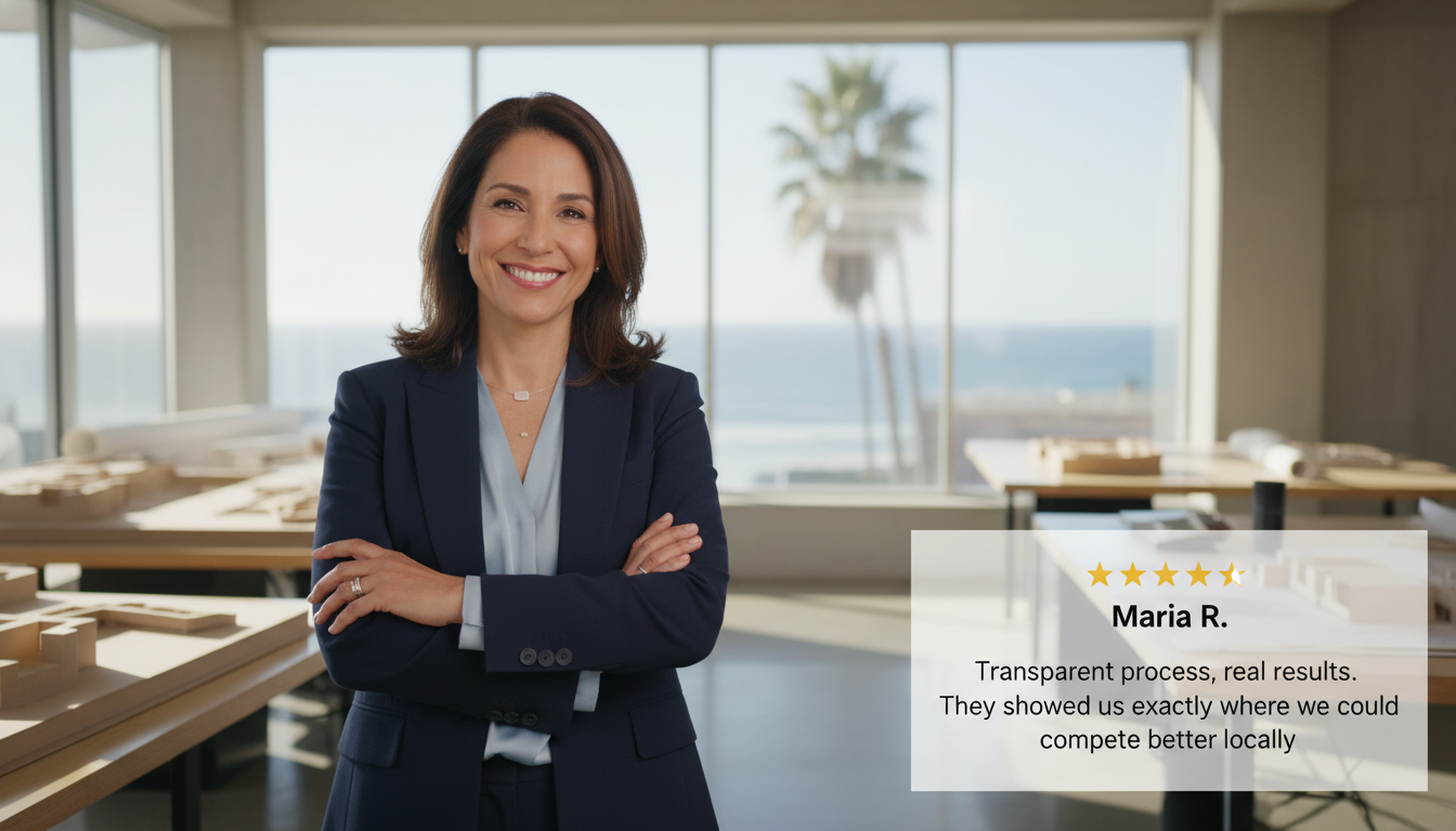 Professional testimonial image with 5-star review from satisfied LA business owner about SEO results