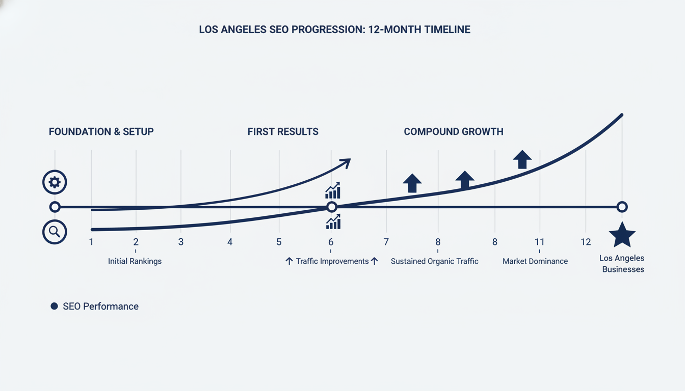 SEO timeline infographic showing growth progression from months 1-12 in Los Angeles