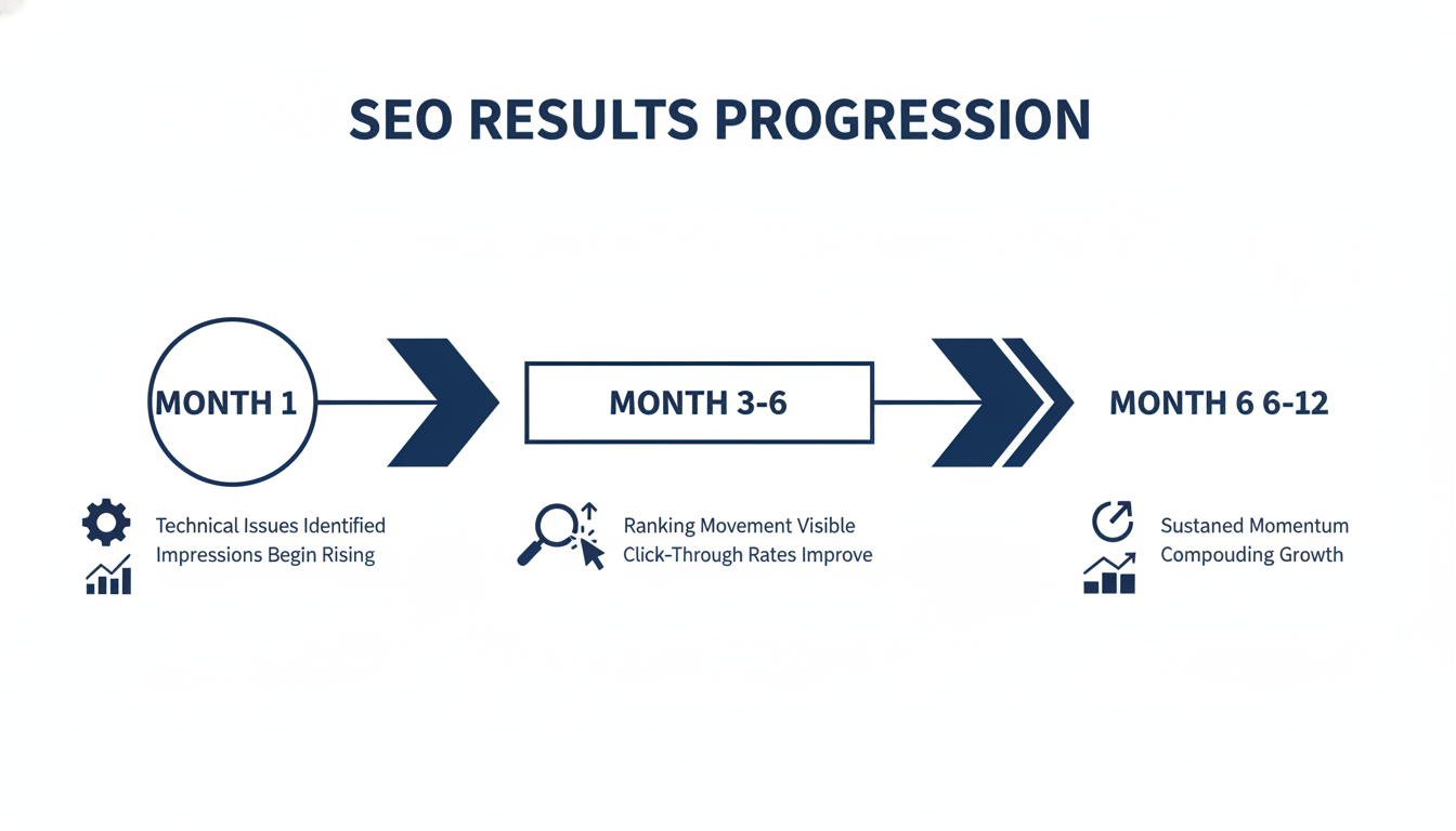 SEO results timeline infographic showing 3-6 month ranking improvement progression, AI SEO services Los Angeles.