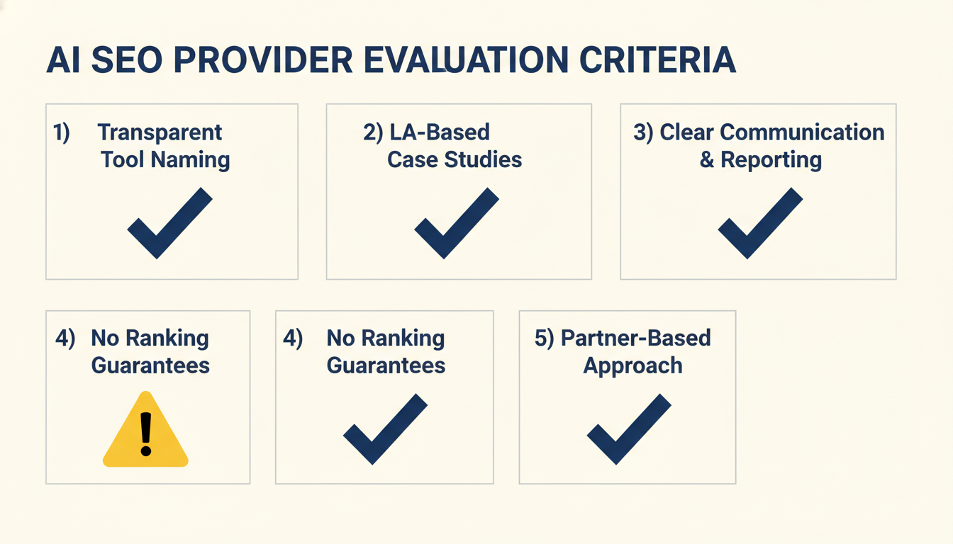 Checklist infographic for choosing AI SEO provider: transparent tools, LA case studies, clear communication, no guarantees, partnership approach.
