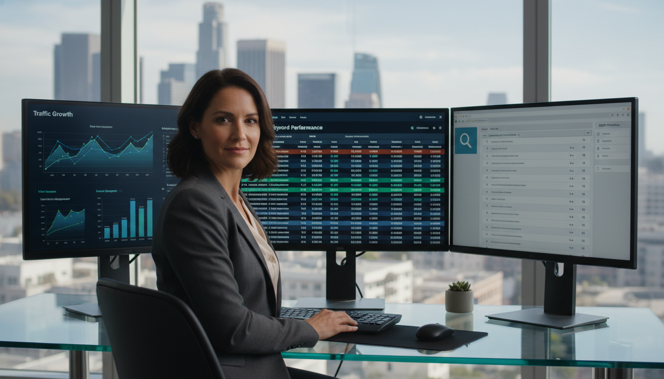 AI SEO professional analyzing data on multiple monitors in modern Los Angeles office with city skyline view, AI SEO services Los Angeles.