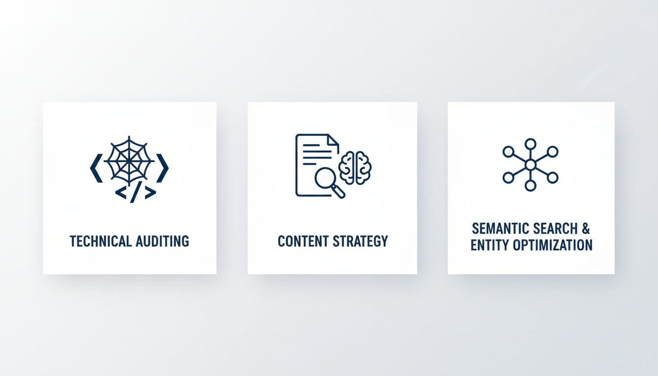 Three-part infographic showing AI SEO core components: Technical Auditing, Content Strategy, and Semantic Search Optimization, Los Angeles.