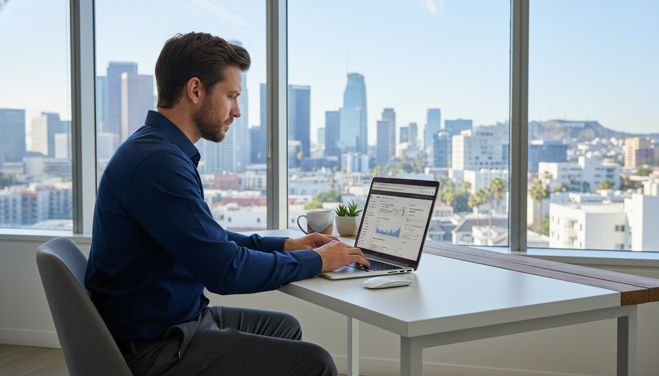 Professional SEO strategist analyzing programmatic SEO data in modern LA office overlooking skyline