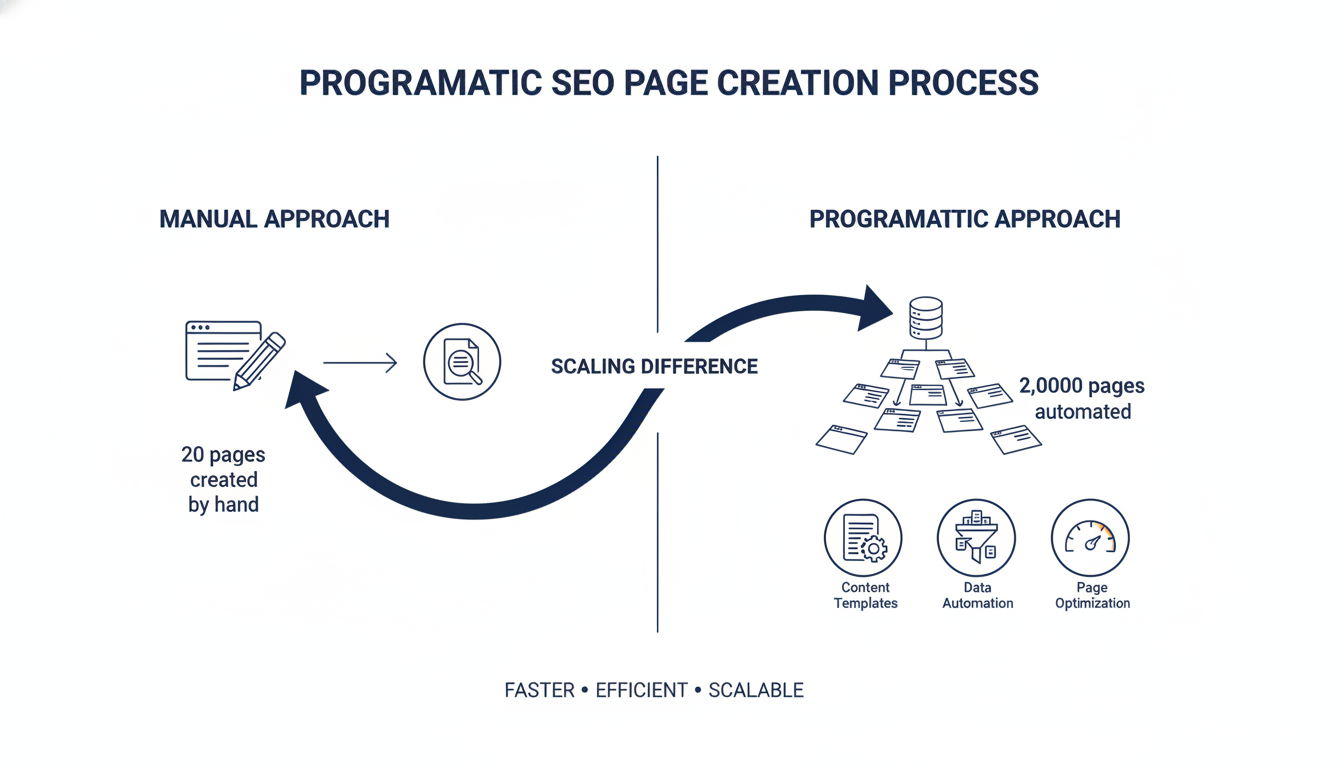 Infographic comparing manual SEO (20 pages) versus programmatic SEO (2,000 pages) scaling