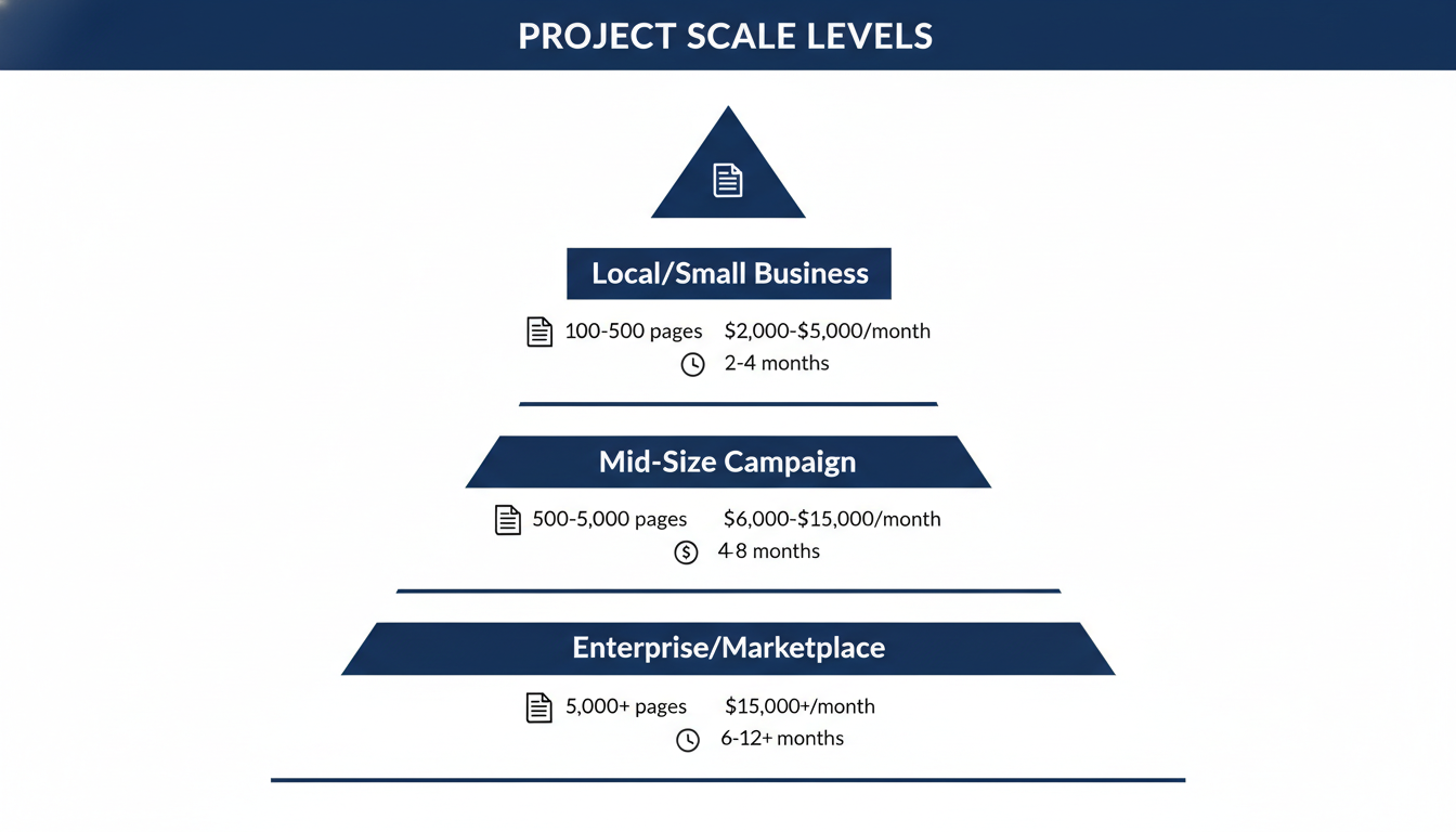 Programmatic SEO pricing tiers diagram: local, mid-size, and enterprise packages for Los Angeles