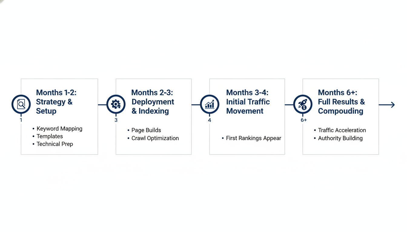 Timeline infographic showing six-month programmatic SEO process from strategy to full results