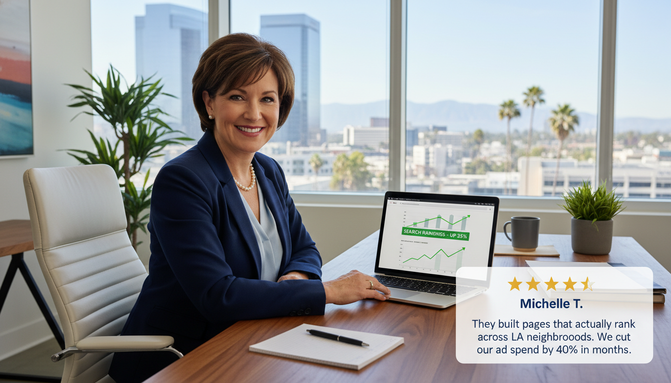 Client testimonial: satisfied business owner with 5-star review highlighting 40% ad spend reduction