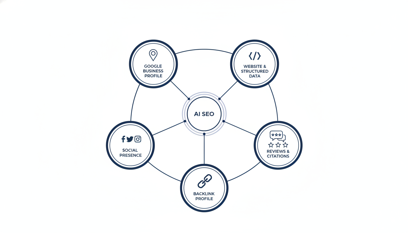 Entity optimization framework diagram with 5 components for AI SEO, Los Angeles