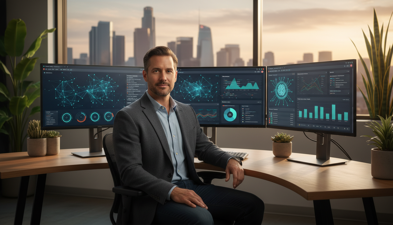 AI SEO strategist at modern LA agency office with analytics dashboards, Los Angeles