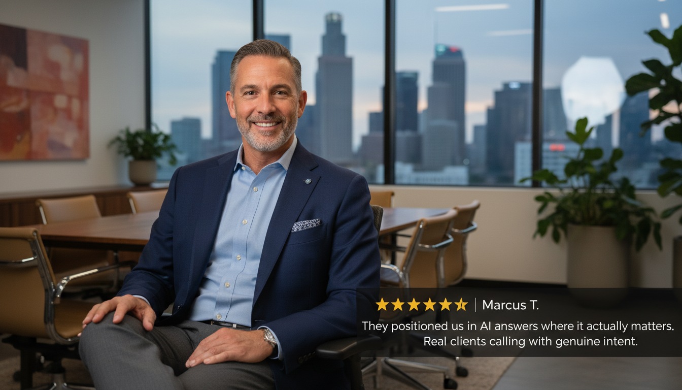 Client testimonial from Marcus T. about AI visibility and genuine customer leads, Los Angeles