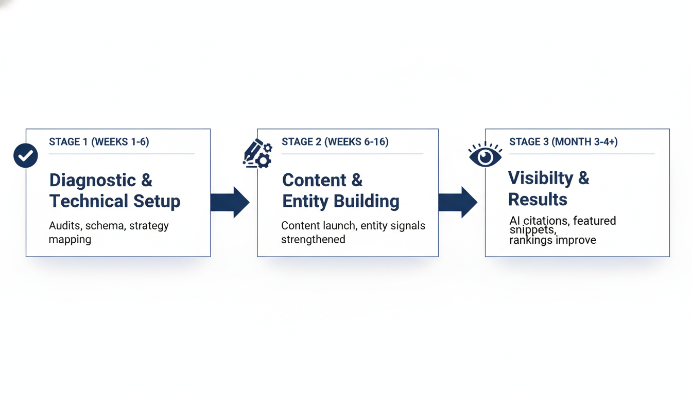 Three-stage AI SEO timeline showing process phases from week 1 to month 4, Los Angeles