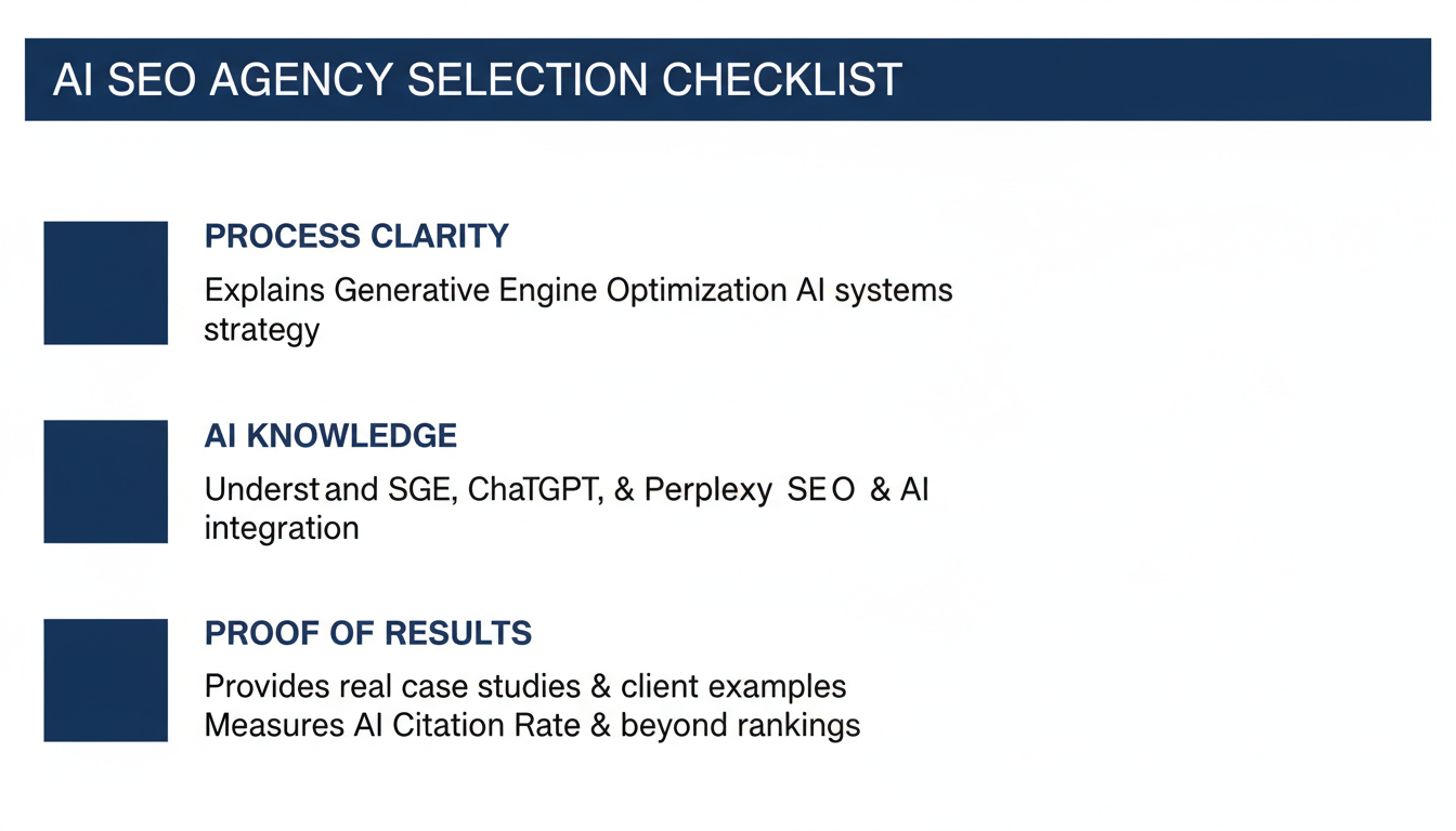 Agency selection checklist with 5 evaluation criteria for AI SEO, Los Angeles