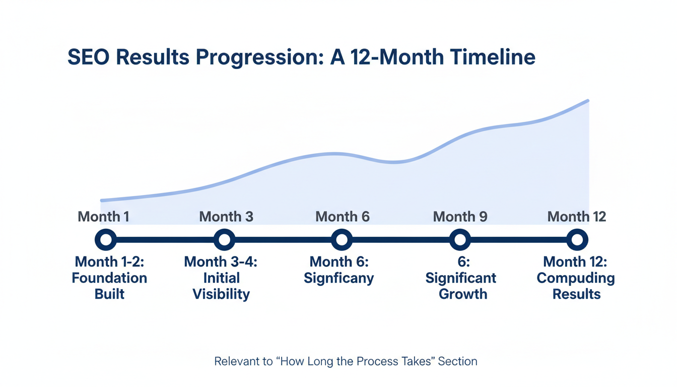 SEO results timeline showing 3-12 month progression with traffic growth curve milestones, Programmatic SEO Agency Dallas, Pennsylvania