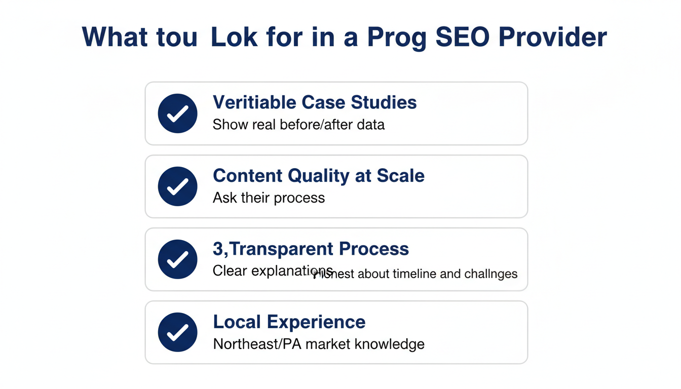 Agency evaluation checklist for Programmatic SEO providers: case studies, content quality, transparency, communication, Dallas PA