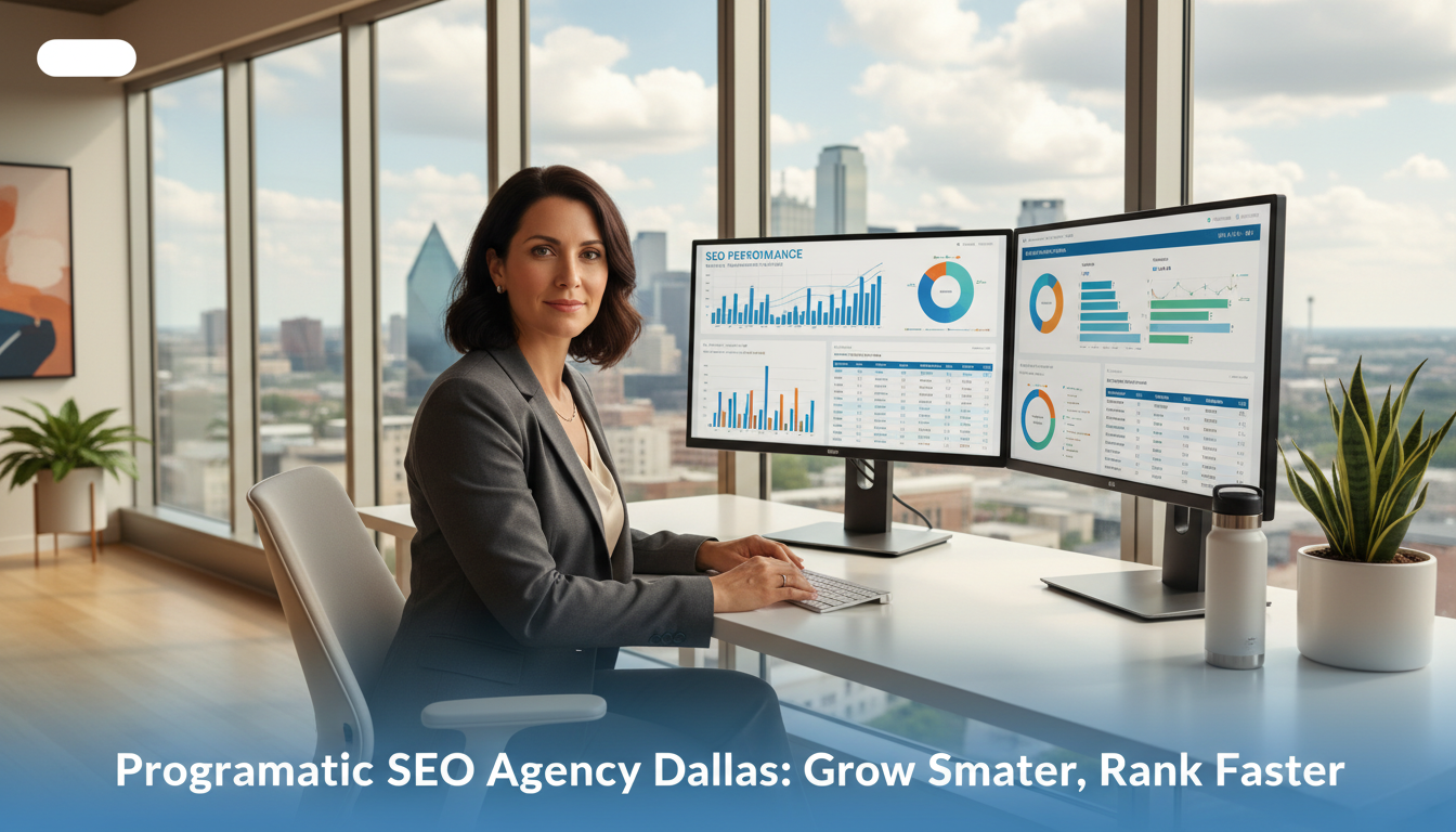 Digital strategist reviewing SEO analytics on multiple monitors in modern Dallas office with skyline view, Programmatic SEO Agency Dallas
