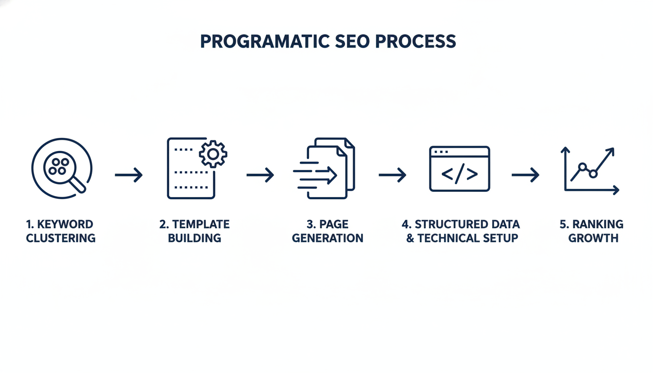 Programmatic SEO process flow diagram: keyword clustering, template building, page generation, structured data, ranking growth, Dallas PA