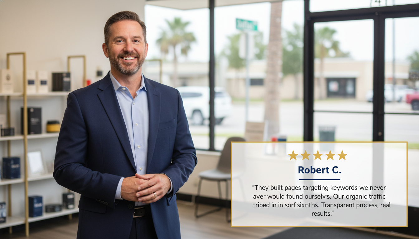 Satisfied business owner with 5-star review testimonial about programmatic SEO results, Dallas Pennsylvania