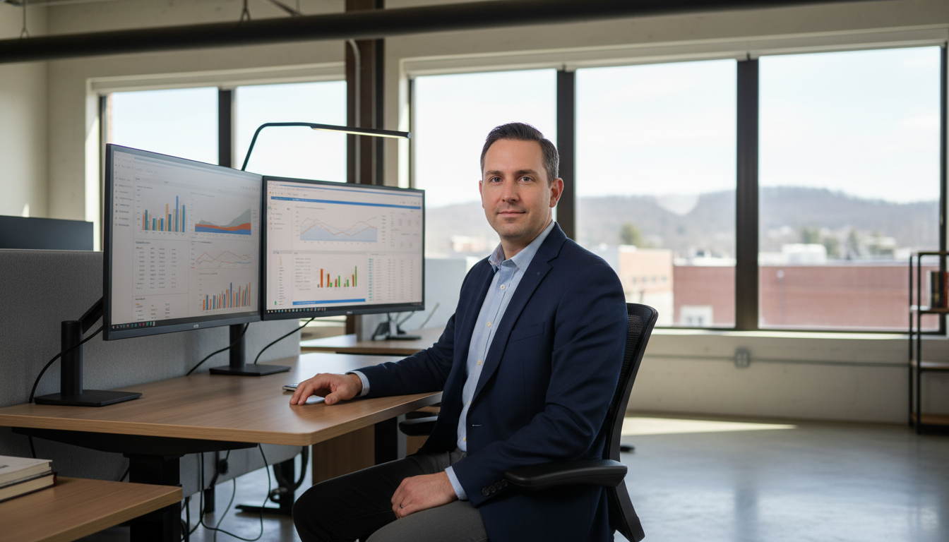 AI SEO strategist working at modern desk with analytics dashboards, Dallas Pennsylvania office setting