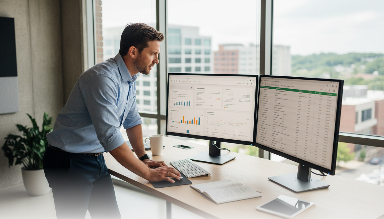 SEO strategist reviewing analytics dashboards at modern office desk, Dallas Pennsylvania