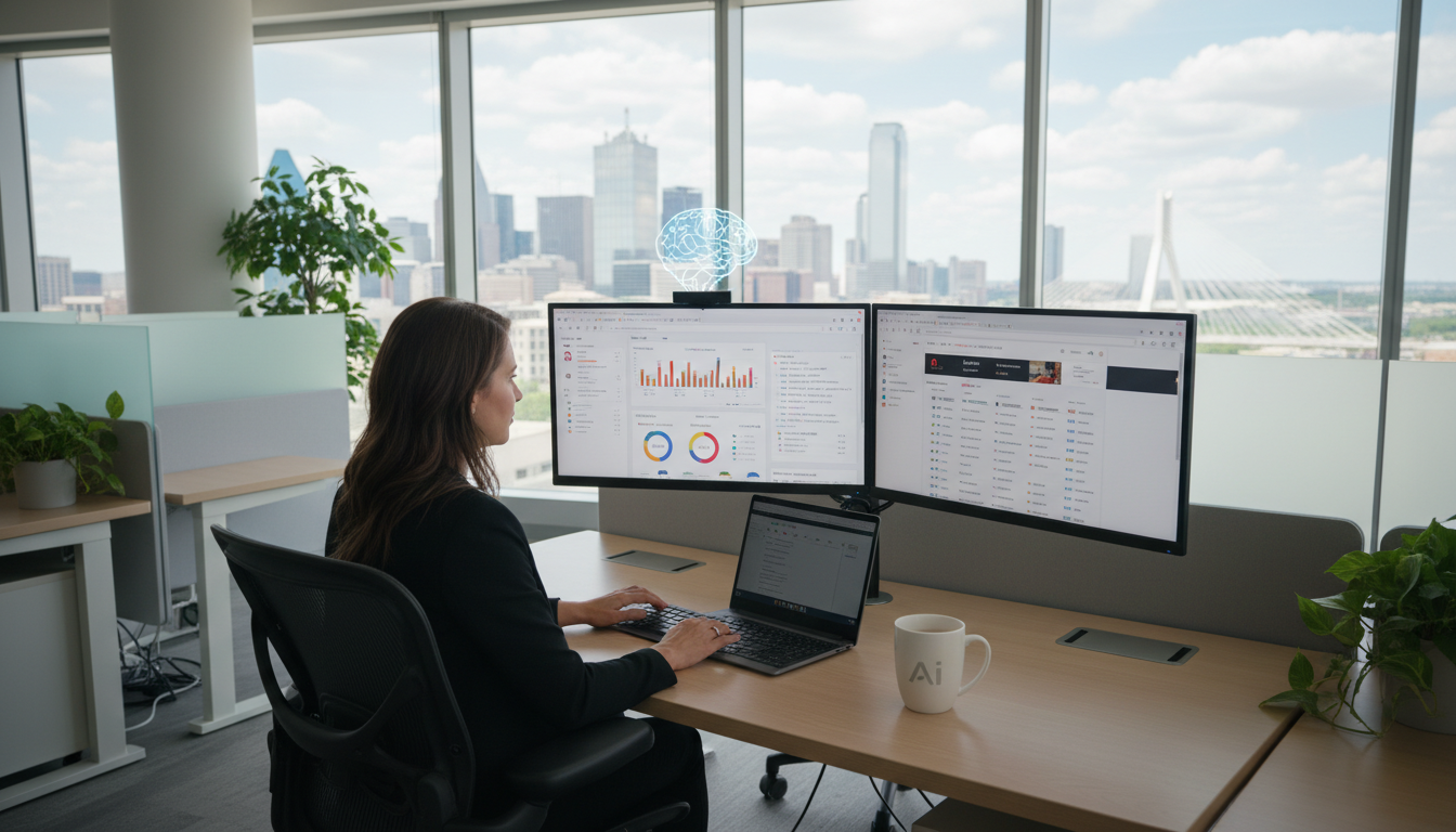 SEO strategist analyzing analytics dashboard at modern office desk, Dallas PA AI SEO services