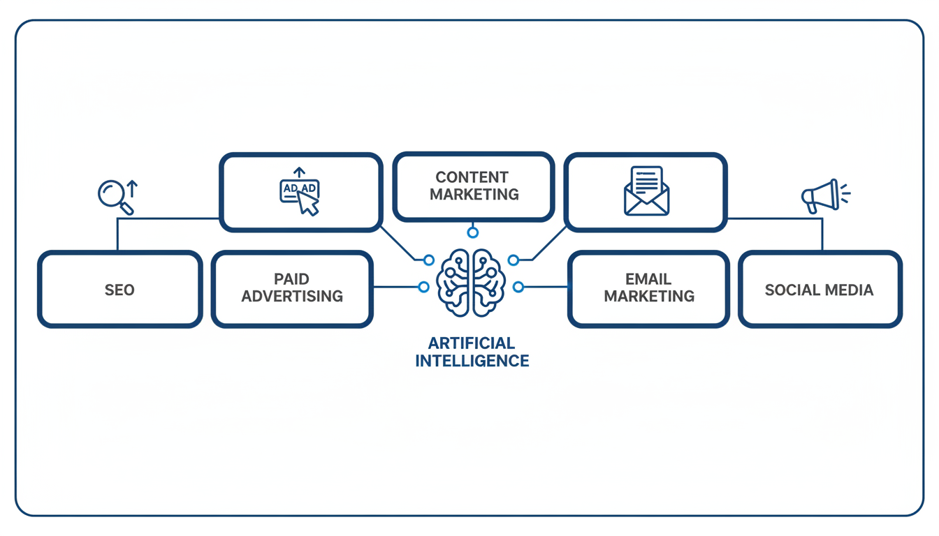 Digital marketing components infographic: SEO, paid ads, content, email, social media with AI integration layer