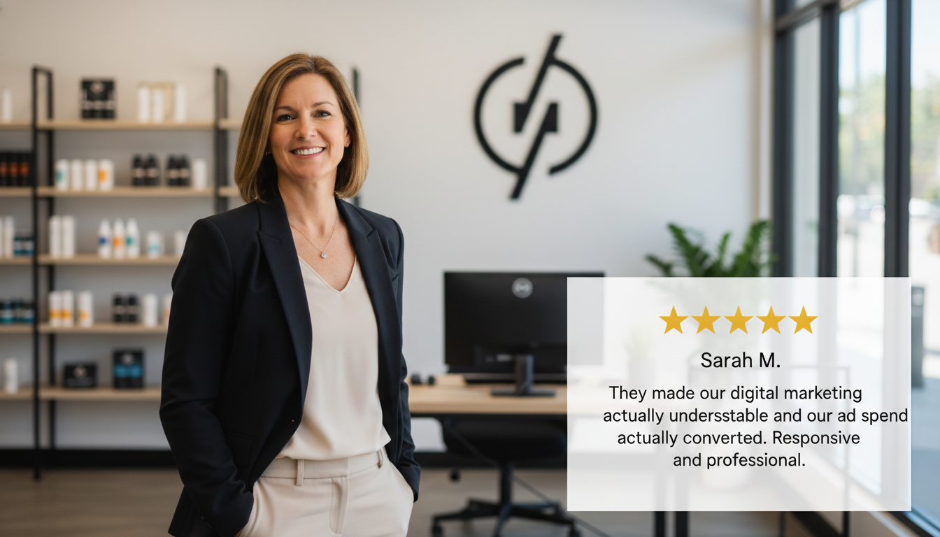 Small business owner Sarah M. smiling confidently in office with 5-star review about responsive digital marketing results, Detroit Maine