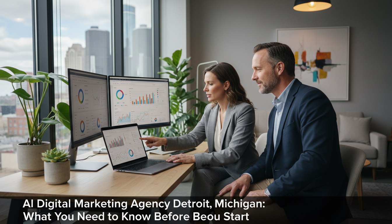 Marketing strategist consulting with business owner over analytics dashboard in modern office, Detroit digital marketing agency