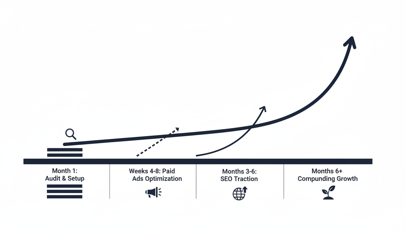 Marketing results timeline showing audit setup, paid ads optimization, SEO traction, and compounding growth progression
