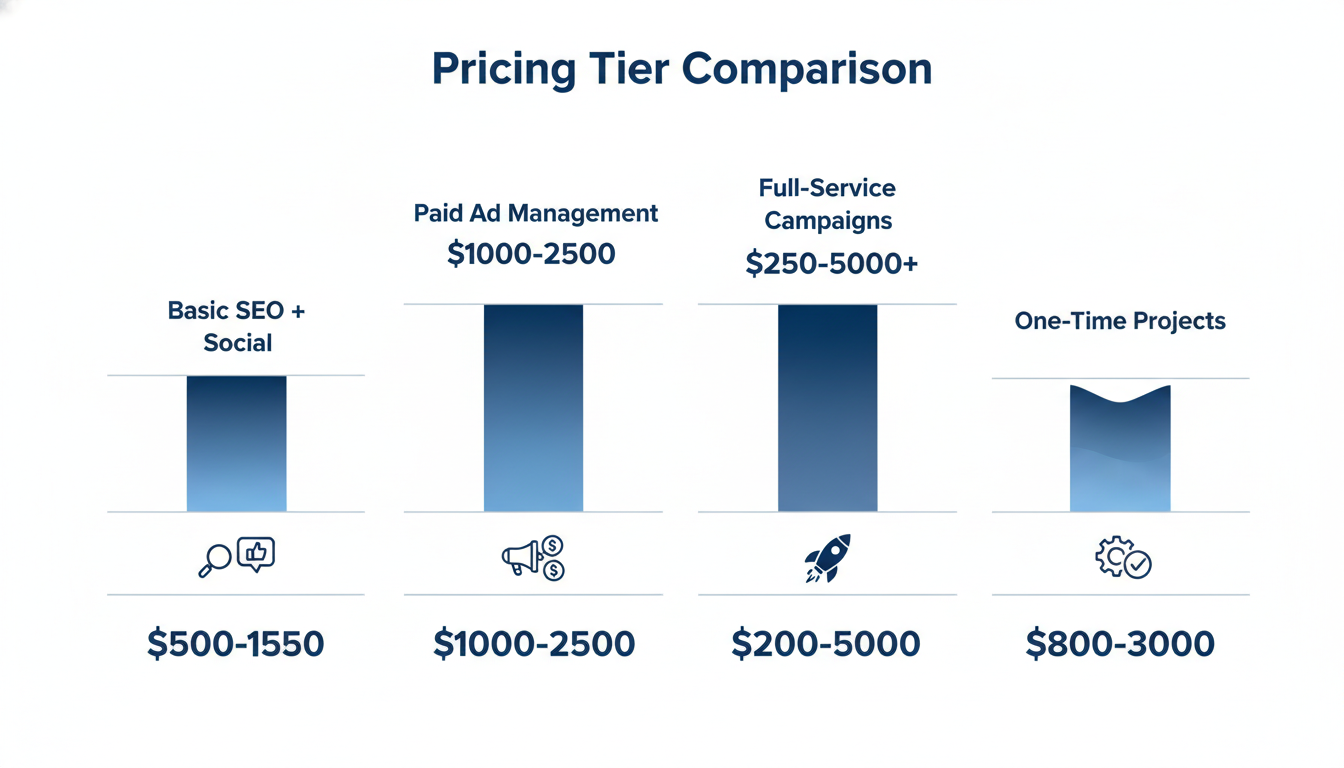 Pricing comparison diagram for digital marketing services: basic SEO, paid ads, full-service, and one-time project tiers
