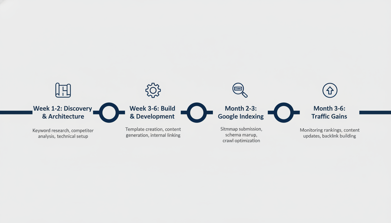 Campaign timeline infographic showing 6-month programmatic SEO process phases from discovery through traffic results in New Orleans.