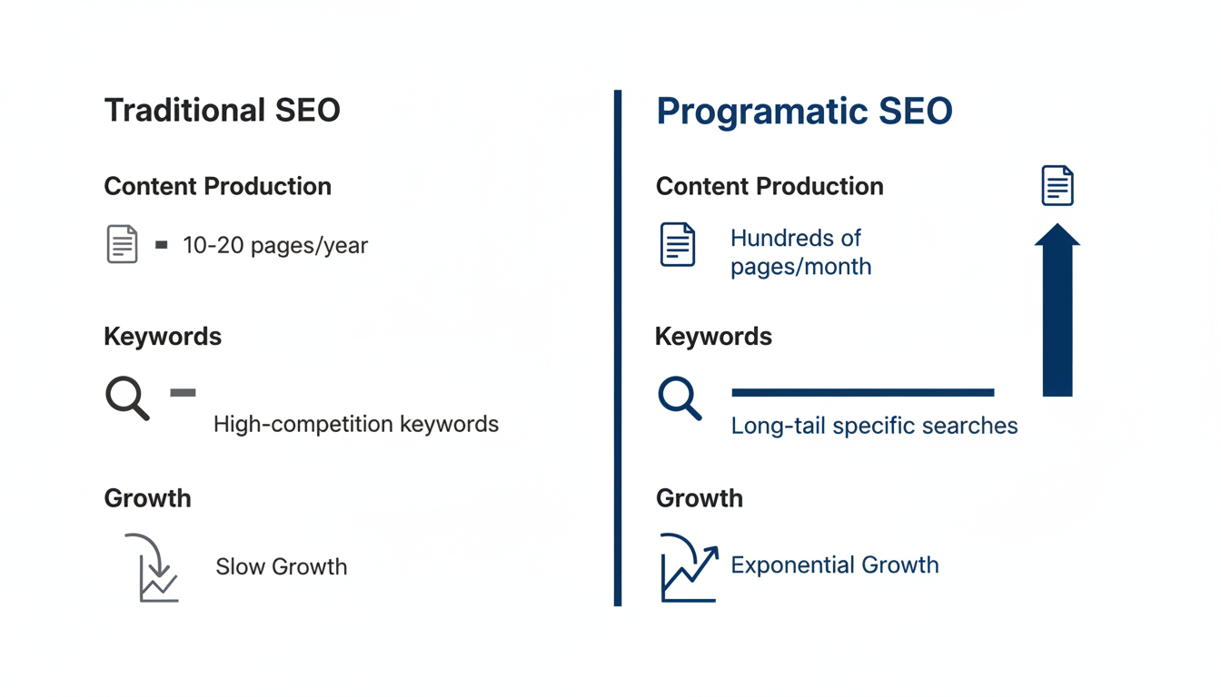 Comparison chart traditional SEO vs programmatic SEO showing volume and reach differences for New Orleans SEO services.