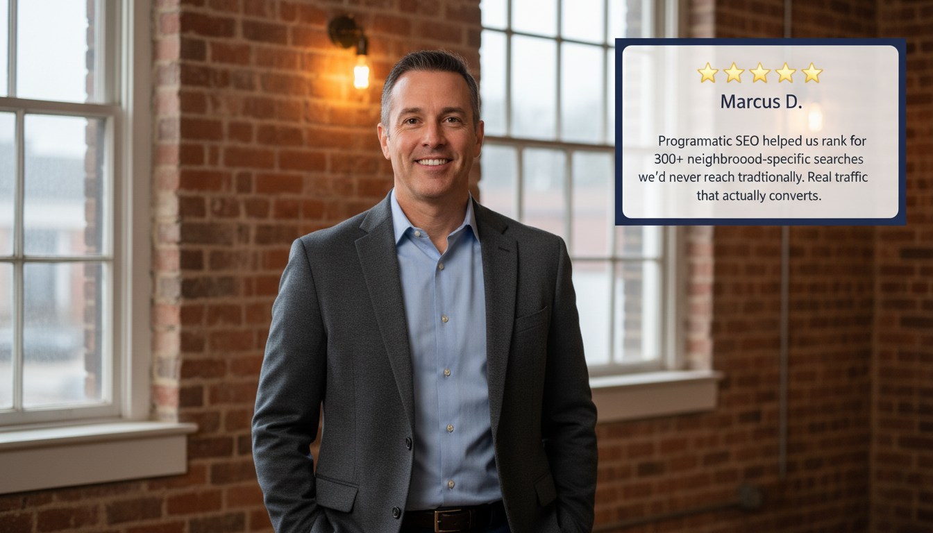 Professional business owner testimonial photo with 5-star review for programmatic SEO results in New Orleans neighborhoods.