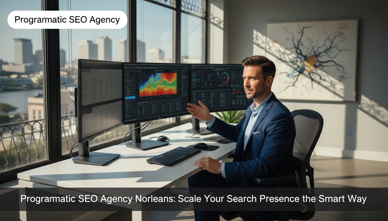 Digital marketing strategist working at modern desk with SEO analytics dashboards in New Orleans office overlooking city skyline, programmatic SEO agency New Orleans.