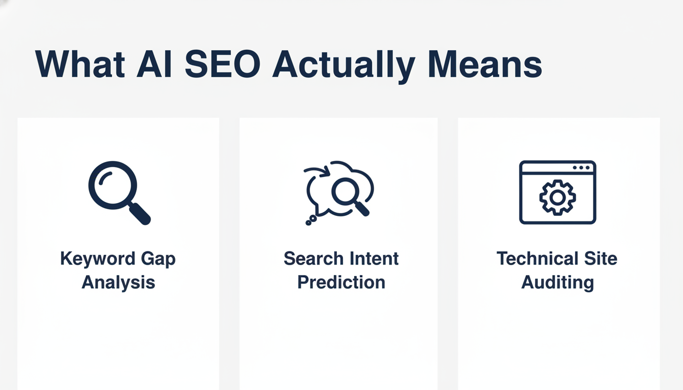 Infographic showing three pillars of AI SEO: Keyword Gap Analysis, Search Intent Prediction, Technical Auditing