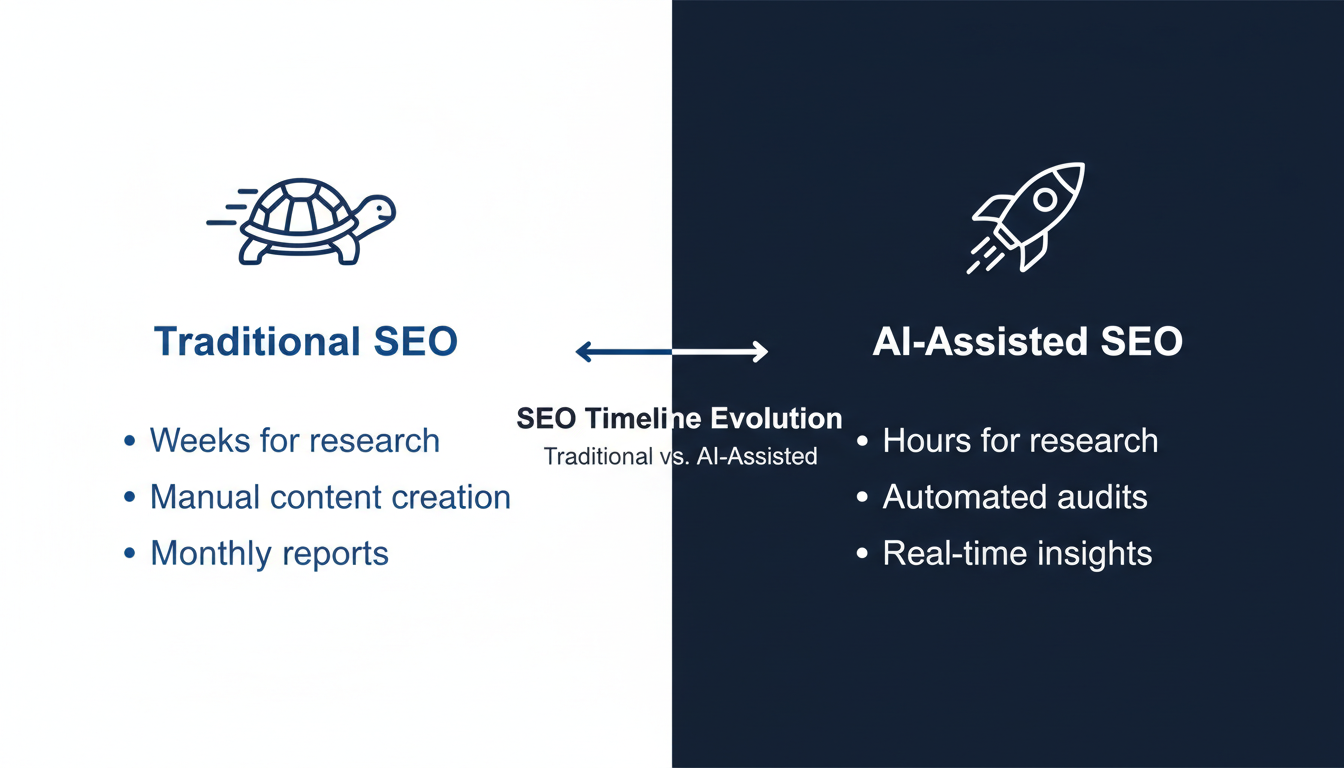 Timeline comparison diagram: Traditional SEO versus AI-Assisted SEO process efficiency and speed