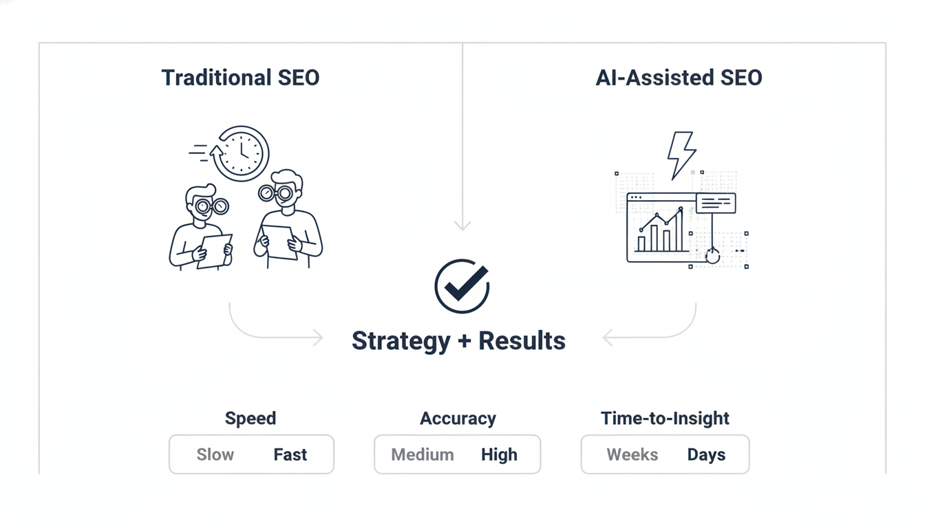 Side-by-side comparison of traditional vs AI-assisted SEO processes showing speed and accuracy improvements.